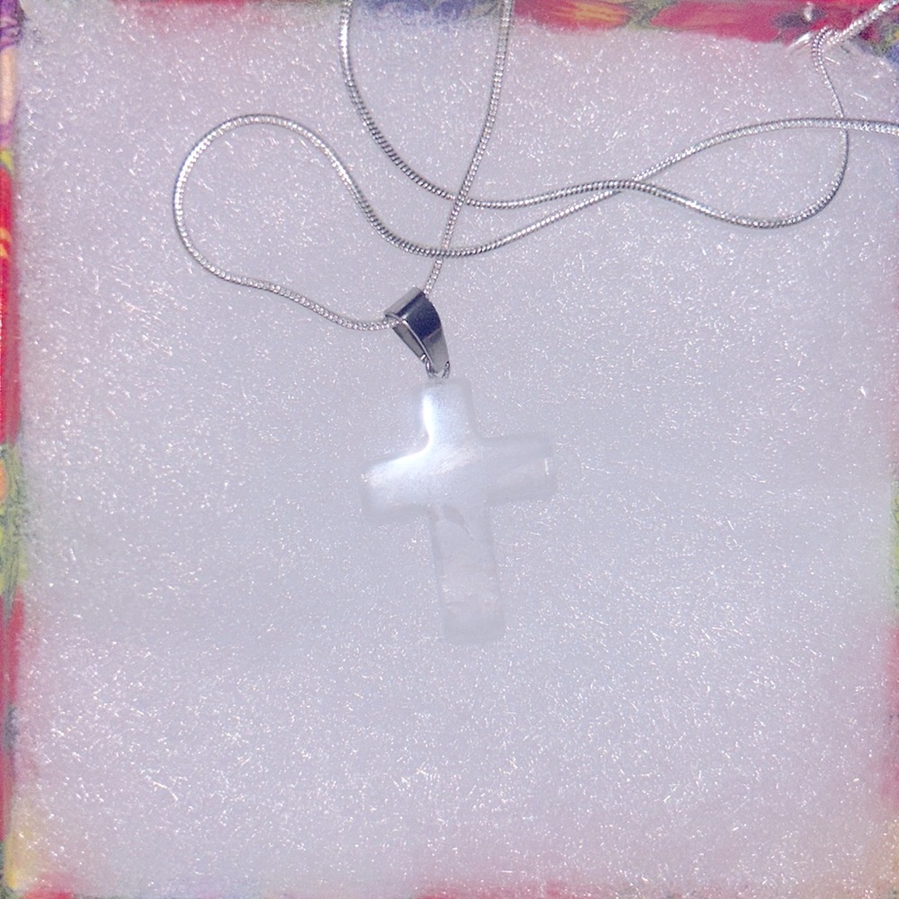 Boho hippie Quartz Crystal Cross natural crystal silver 16” necklace